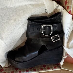 AS 98  Black Leather Wedge Sandals brand new still in the box
